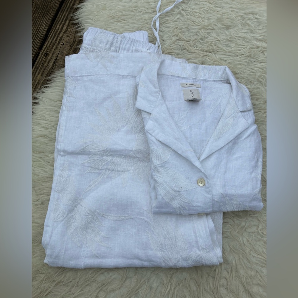 Joie White 💯 linen Set - Soft Button-Front Top & Elastic Waist Wide Leg Pants - Picture 15 of 16